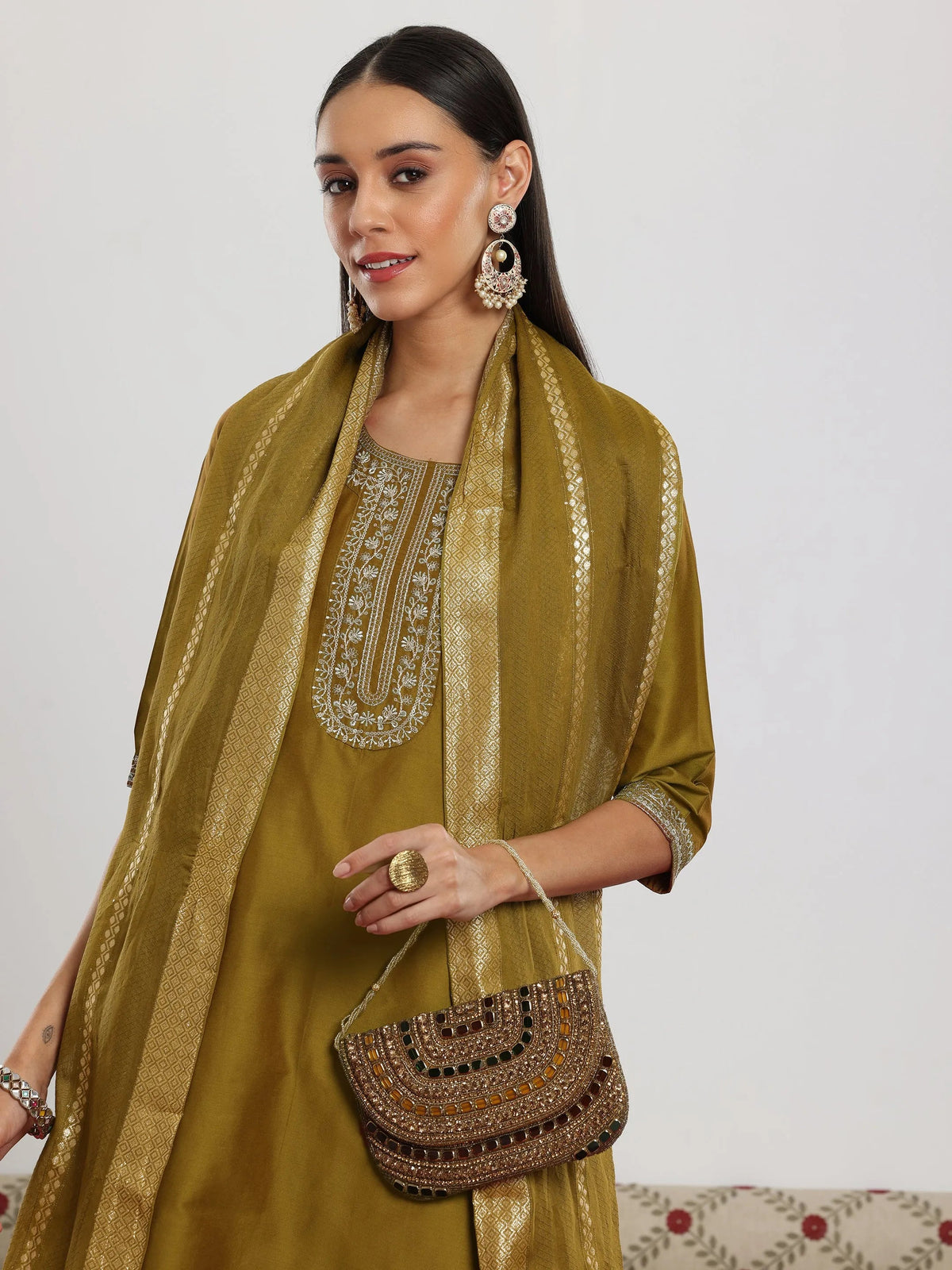Anouk Mustard Yoke Design Silk Blend Straight Suit With Dupatta
