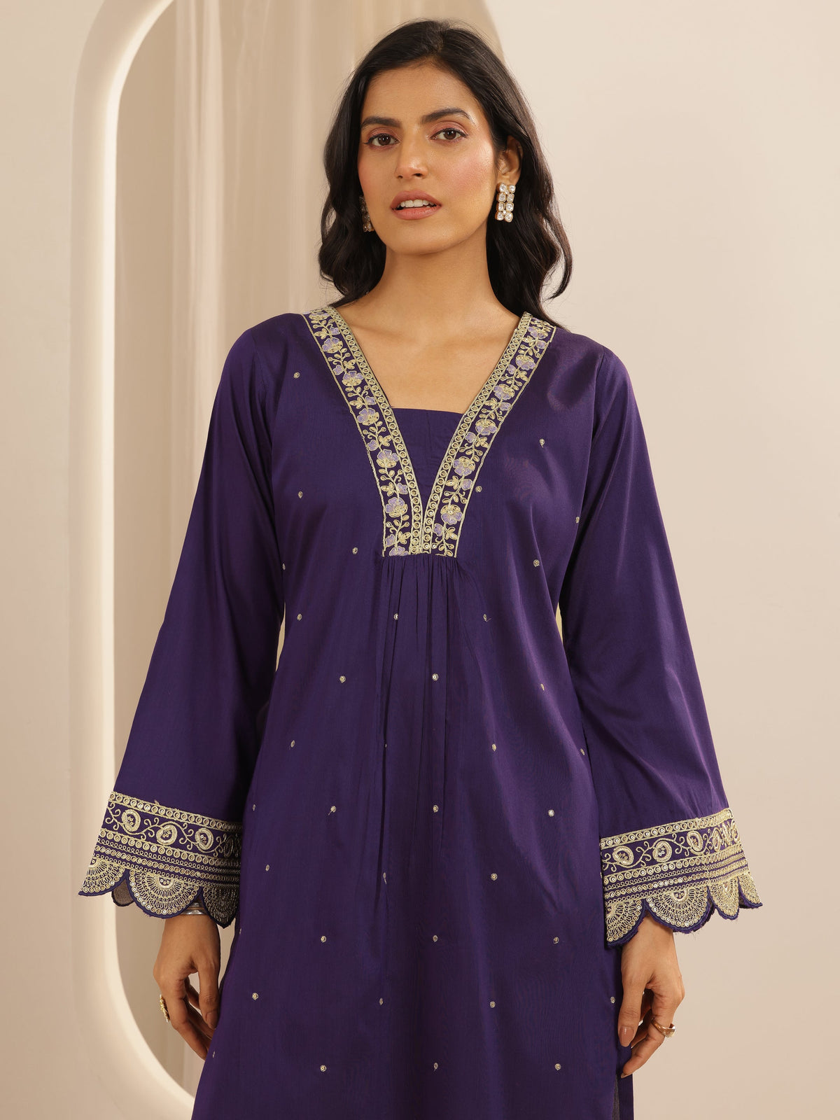 Anouk Purple Embroidered Silk Blend A-line Kurta Set