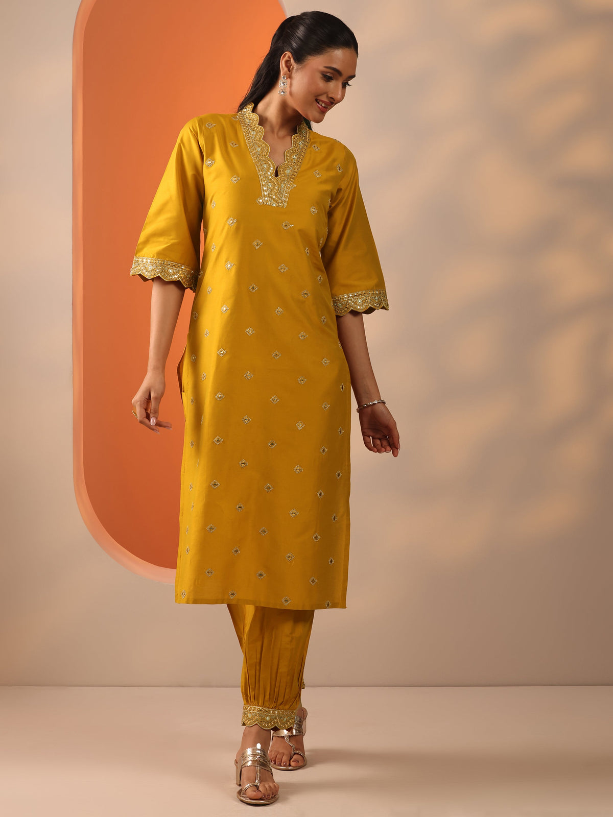 Anouk Mustard Embroidered Silk Blend Straight Kurta Set