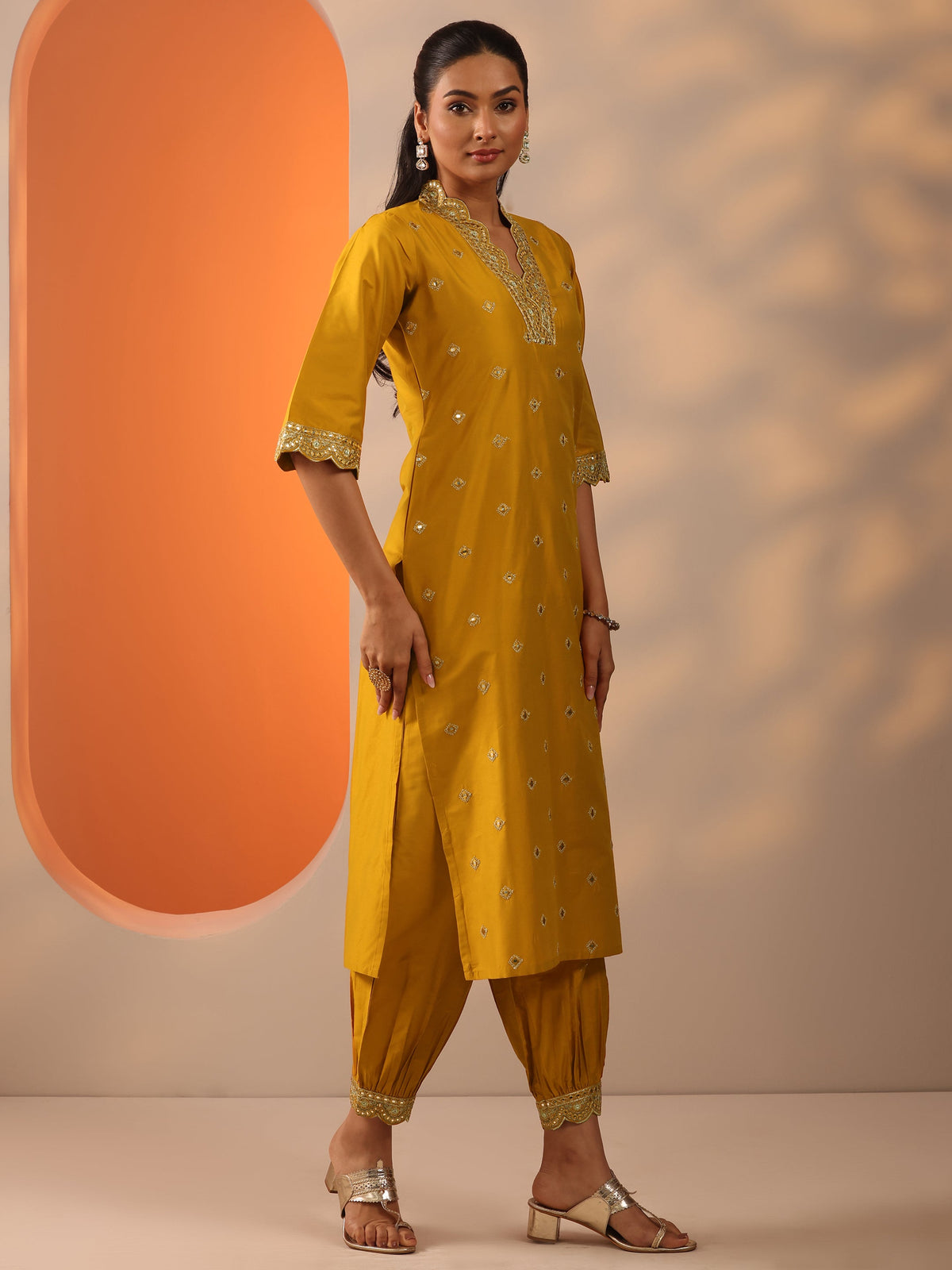 Anouk Mustard Embroidered Silk Blend Straight Kurta Set