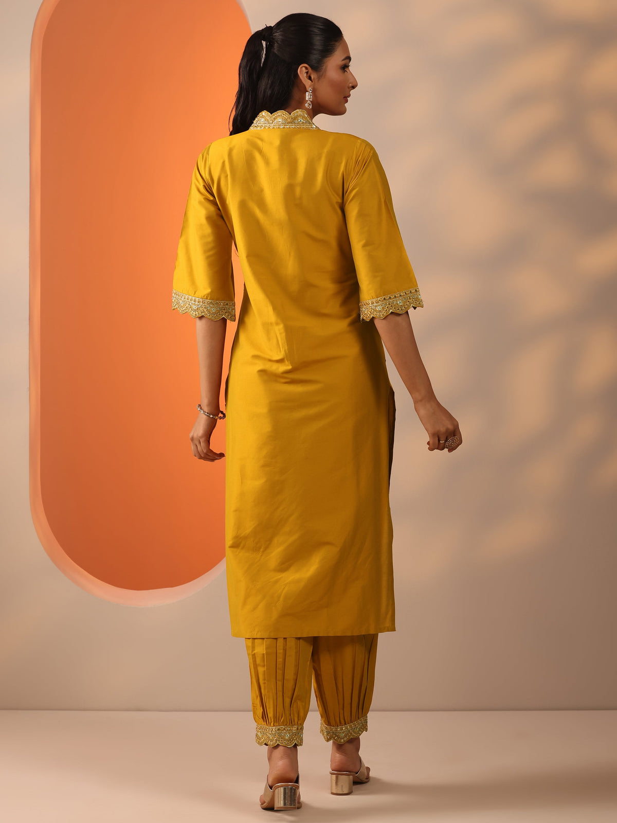 Anouk Mustard Embroidered Silk Blend Straight Kurta Set