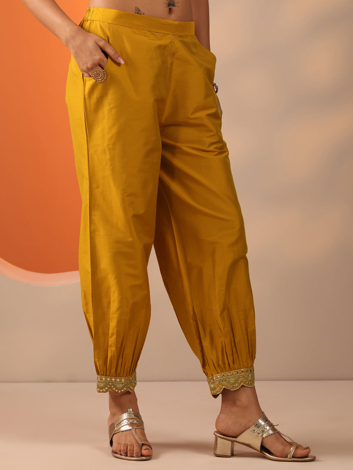 Anouk Mustard Embroidered Silk Blend Straight Kurta Set