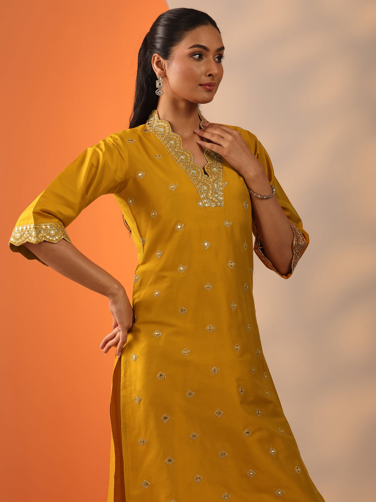 Anouk Mustard Embroidered Silk Blend Straight Kurta Set