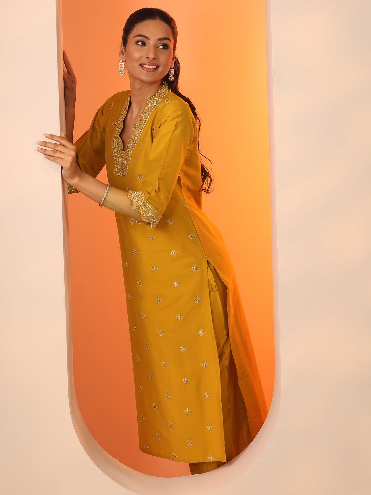 Anouk Mustard Embroidered Silk Blend Straight Kurta Set