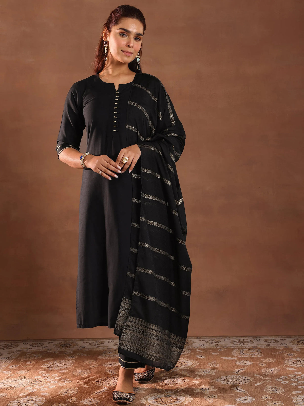 Anouk Black Solid Silk Blend Straight Suit Set With Dupatta
