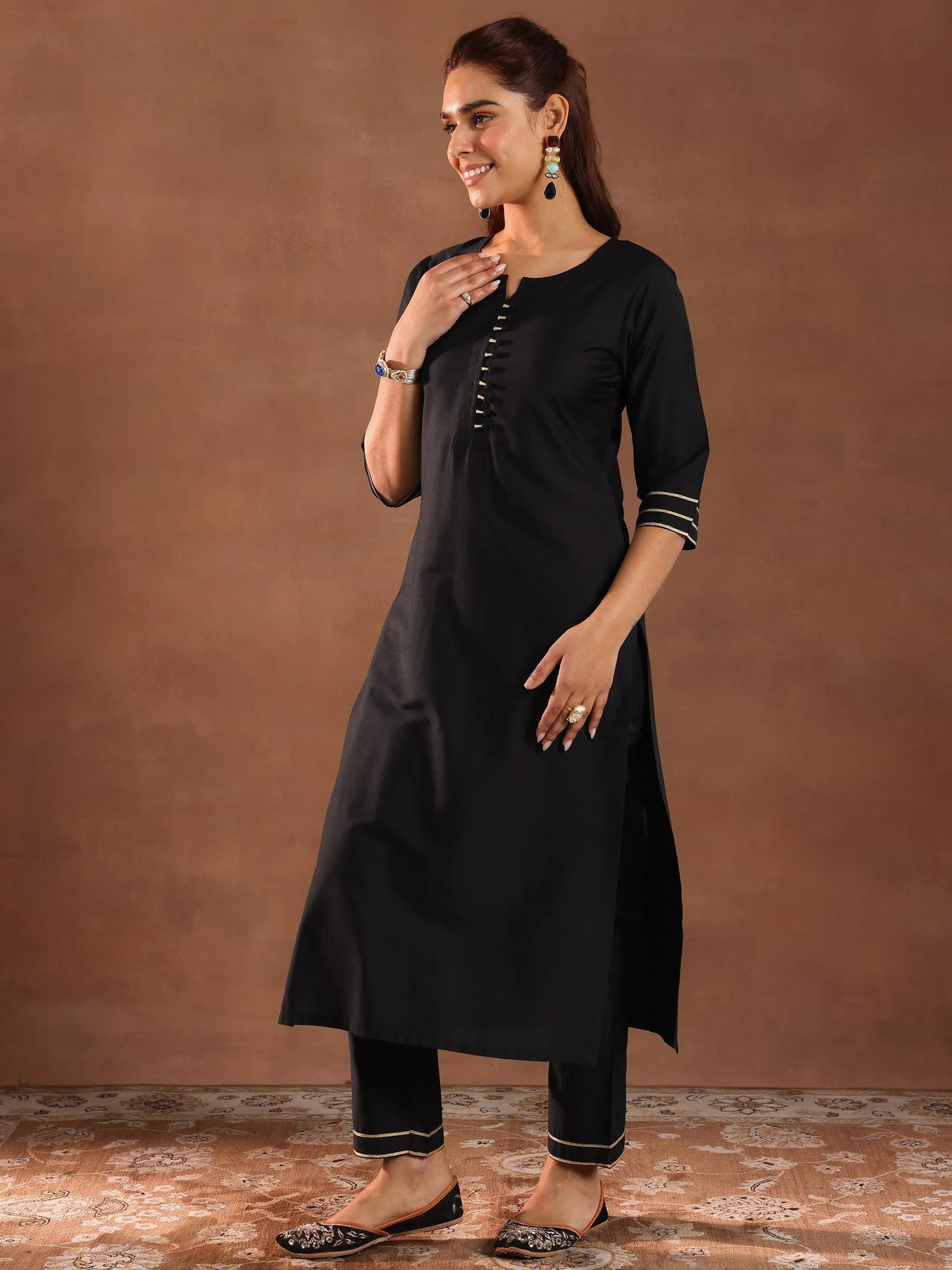 Anouk Black Solid Silk Blend Straight Suit Set With Dupatta