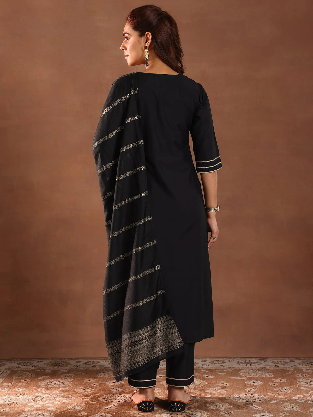 Anouk Black Solid Silk Blend Straight Suit Set With Dupatta