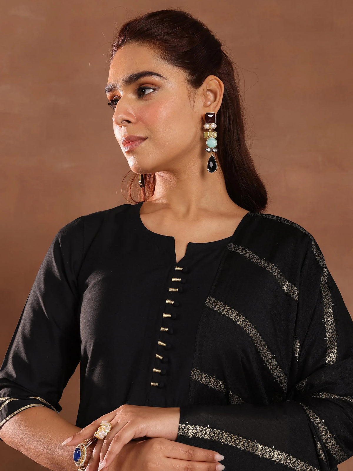 Anouk Black Solid Silk Blend Straight Suit Set With Dupatta