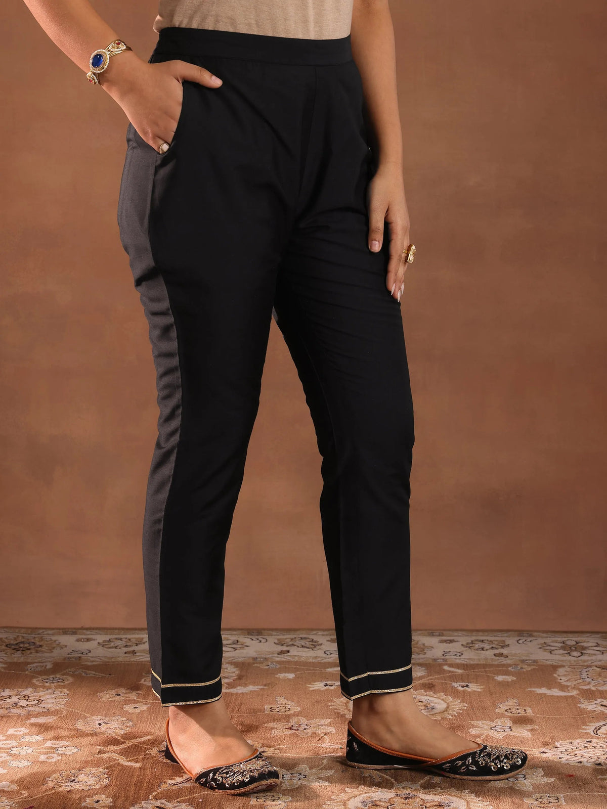 Anouk Black Solid Silk Blend Straight Suit Set With Dupatta
