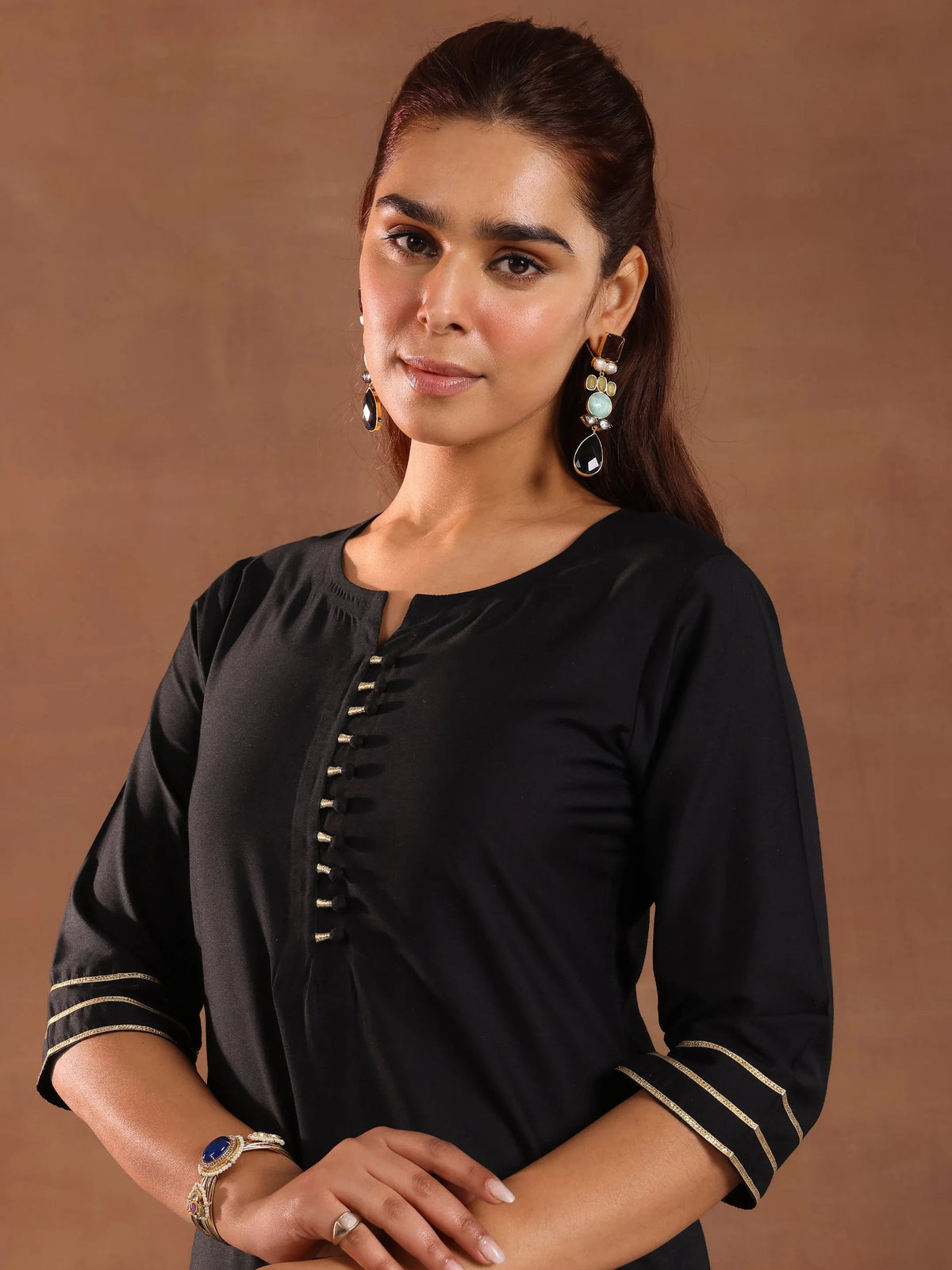 Anouk Black Solid Silk Blend Straight Suit Set With Dupatta