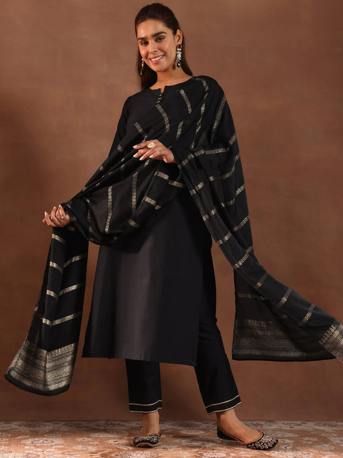 Anouk Black Solid Silk Blend Straight Suit Set With Dupatta