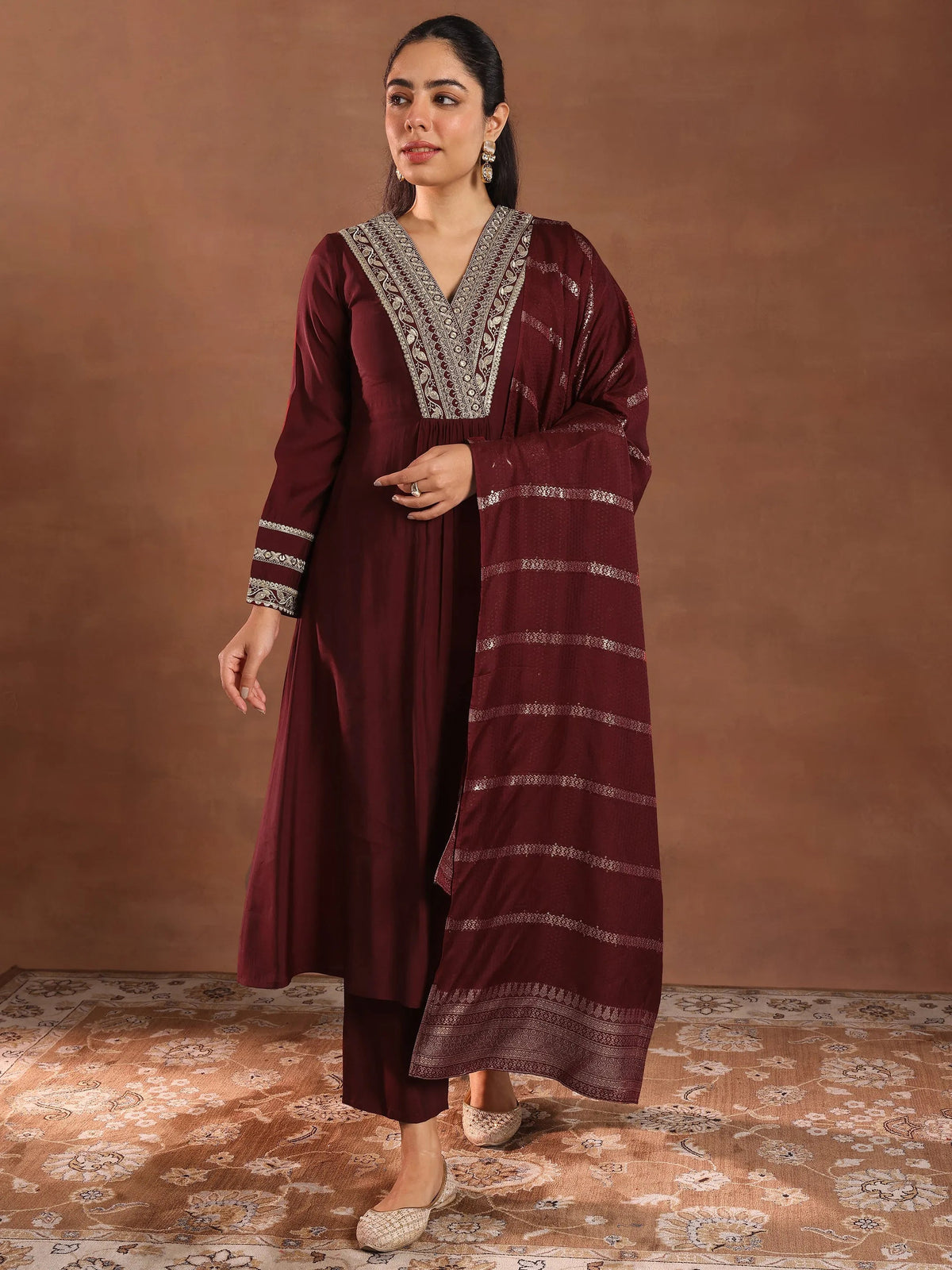 Anouk Maroon Embroidered Silk Blend A-Line Suit Set With Dupatta