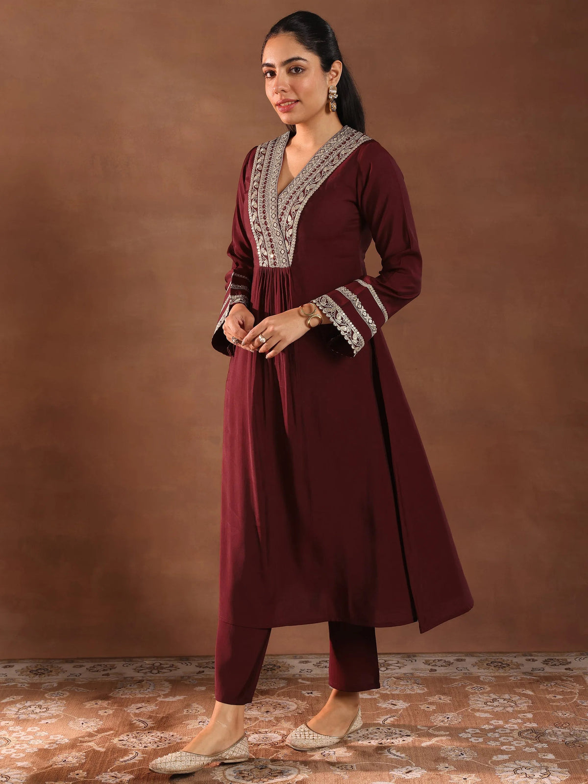 Anouk Maroon Embroidered Silk Blend A-Line Suit Set With Dupatta