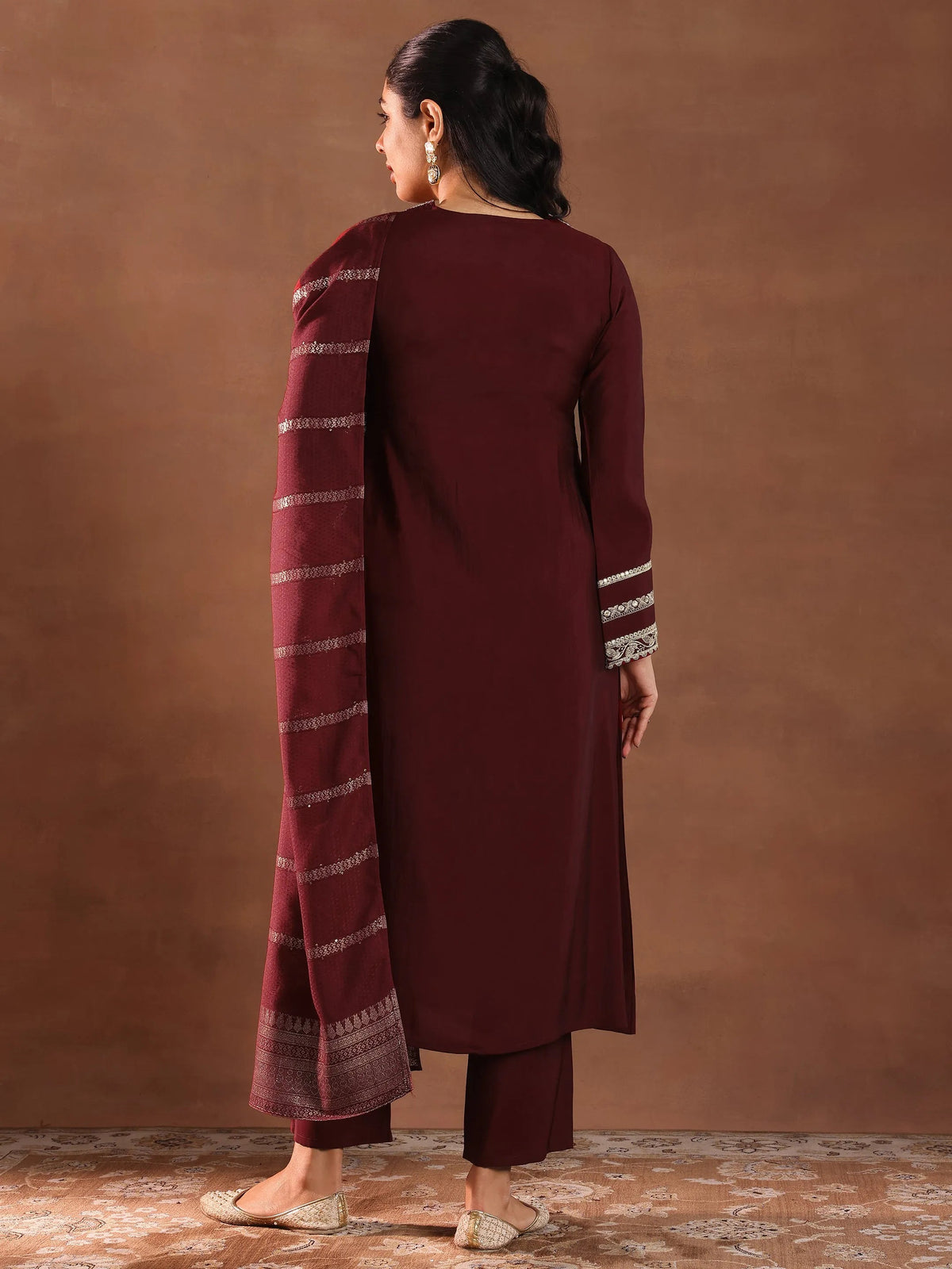 Anouk Maroon Embroidered Silk Blend A-Line Suit Set With Dupatta