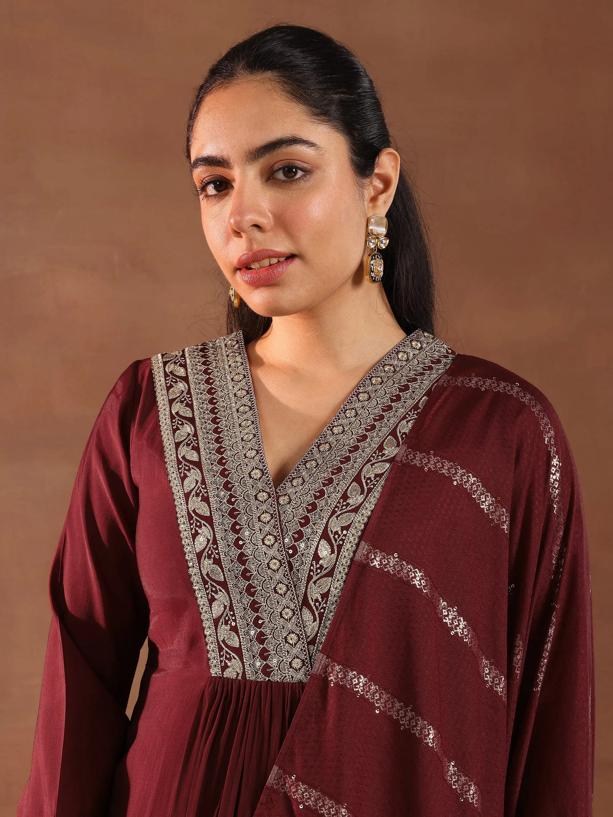 Anouk Maroon Embroidered Silk Blend A-Line Suit Set With Dupatta