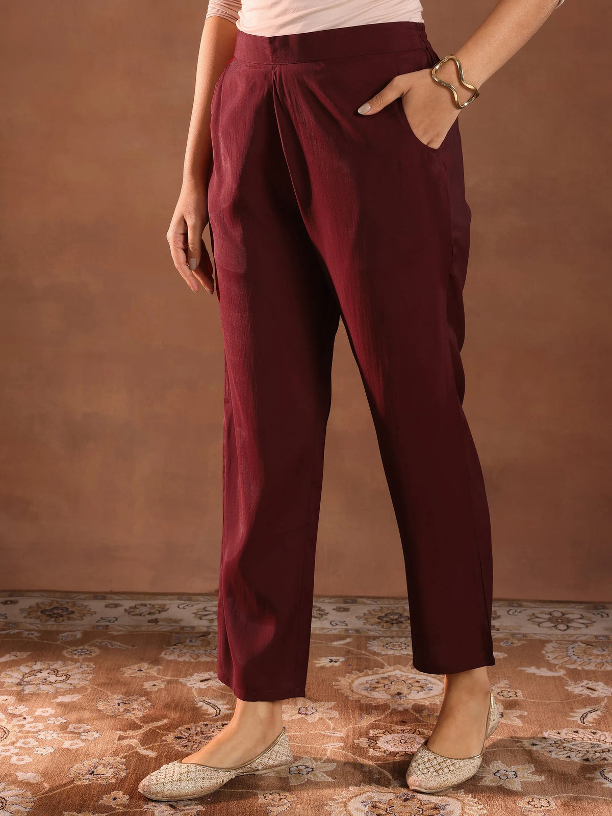Anouk Maroon Embroidered Silk Blend A-Line Suit Set With Dupatta