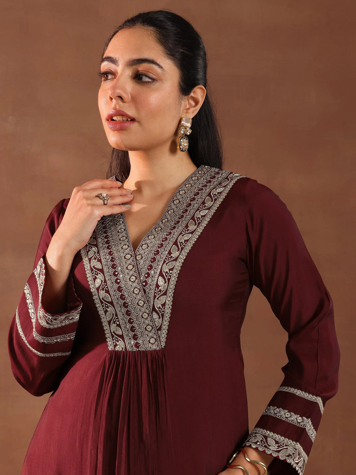 Anouk Maroon Embroidered Silk Blend A-Line Suit Set With Dupatta