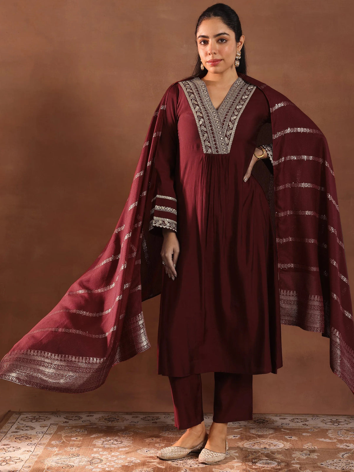 Anouk Maroon Embroidered Silk Blend A-Line Suit Set With Dupatta