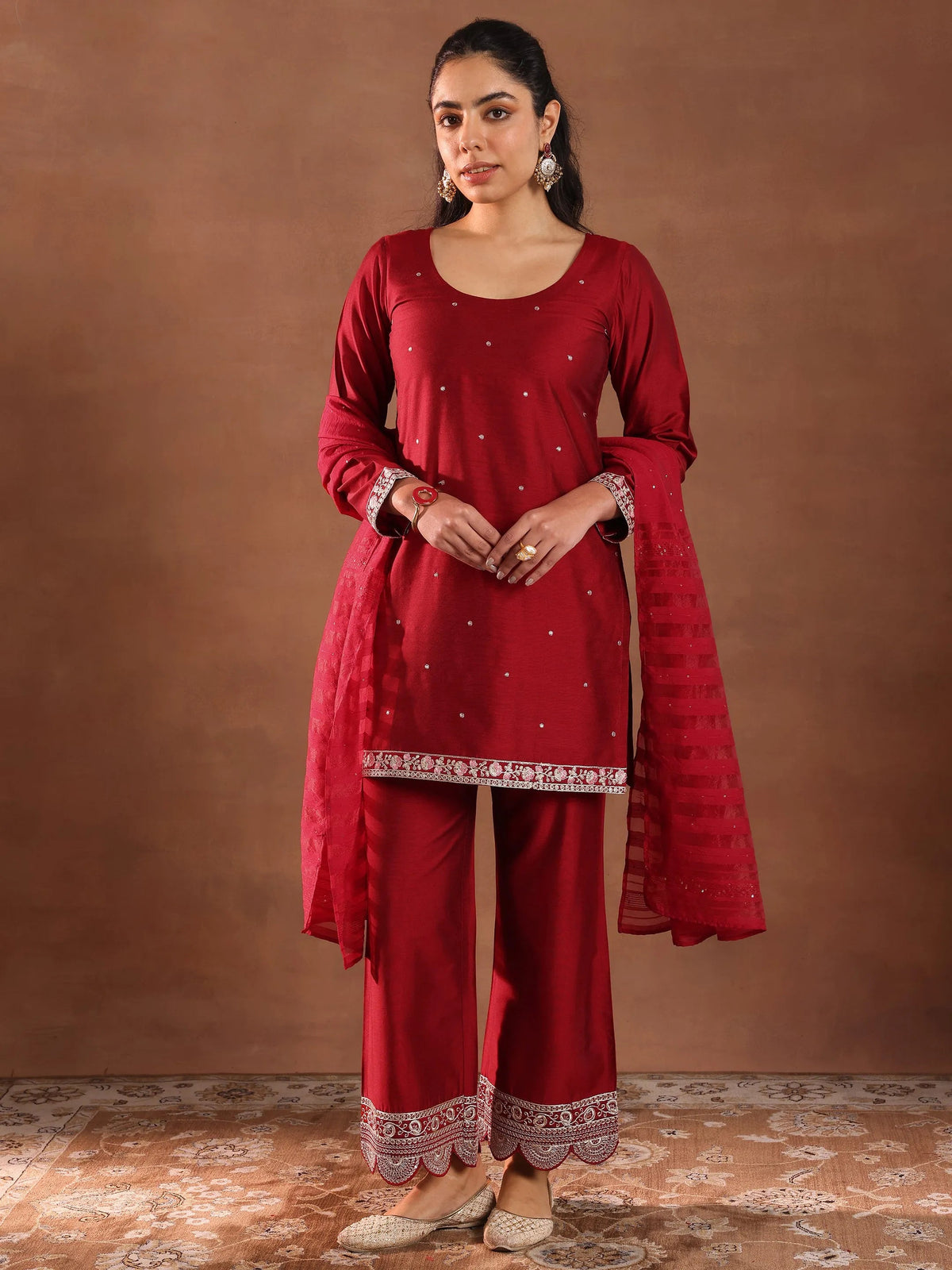 Anouk Red Embroidered Silk Blend Straight Suit Set With Dupatta