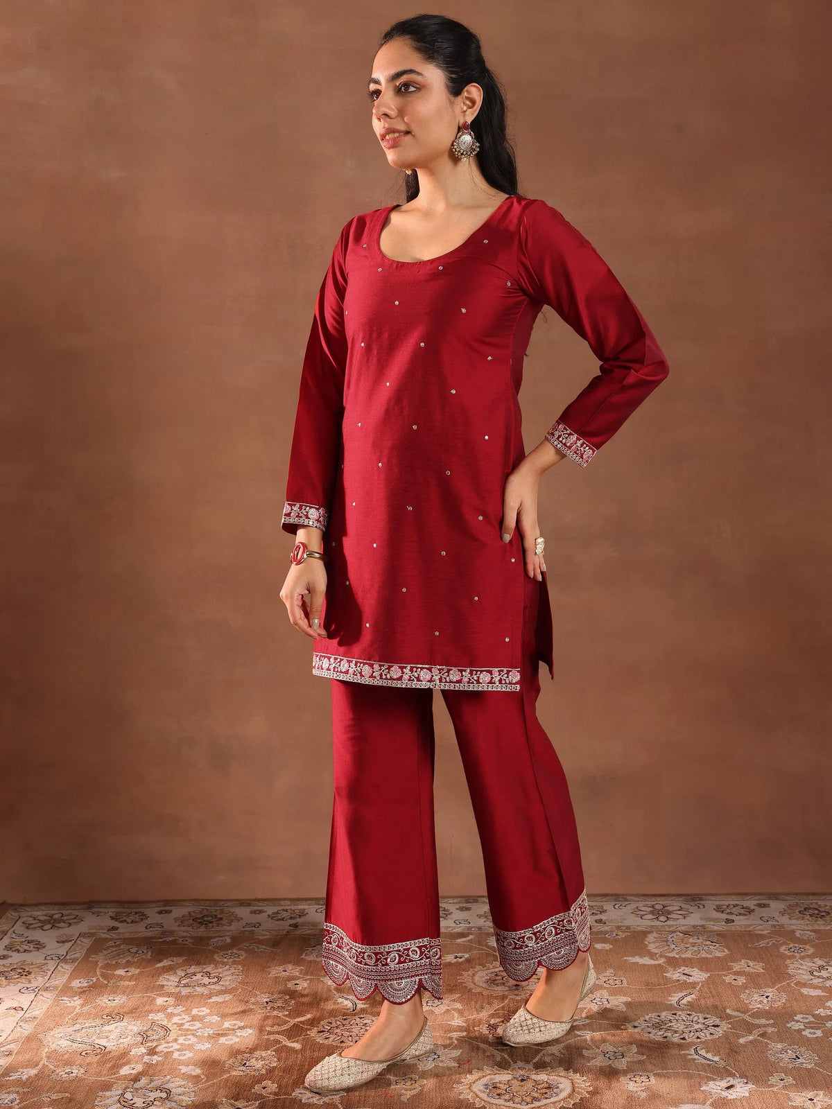 Anouk Red Embroidered Silk Blend Straight Suit Set With Dupatta
