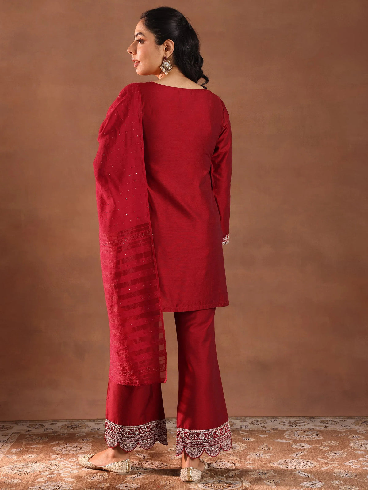 Anouk Red Embroidered Silk Blend Straight Suit Set With Dupatta
