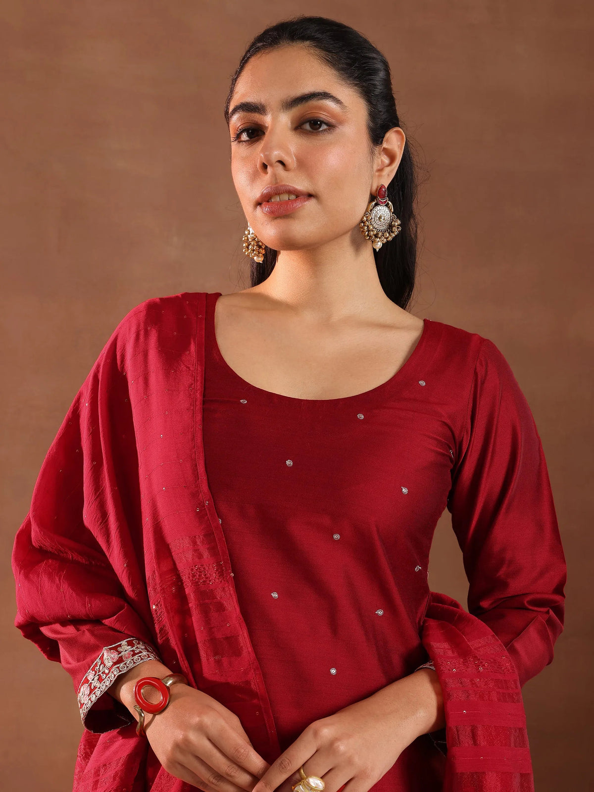 Anouk Red Embroidered Silk Blend Straight Suit Set With Dupatta