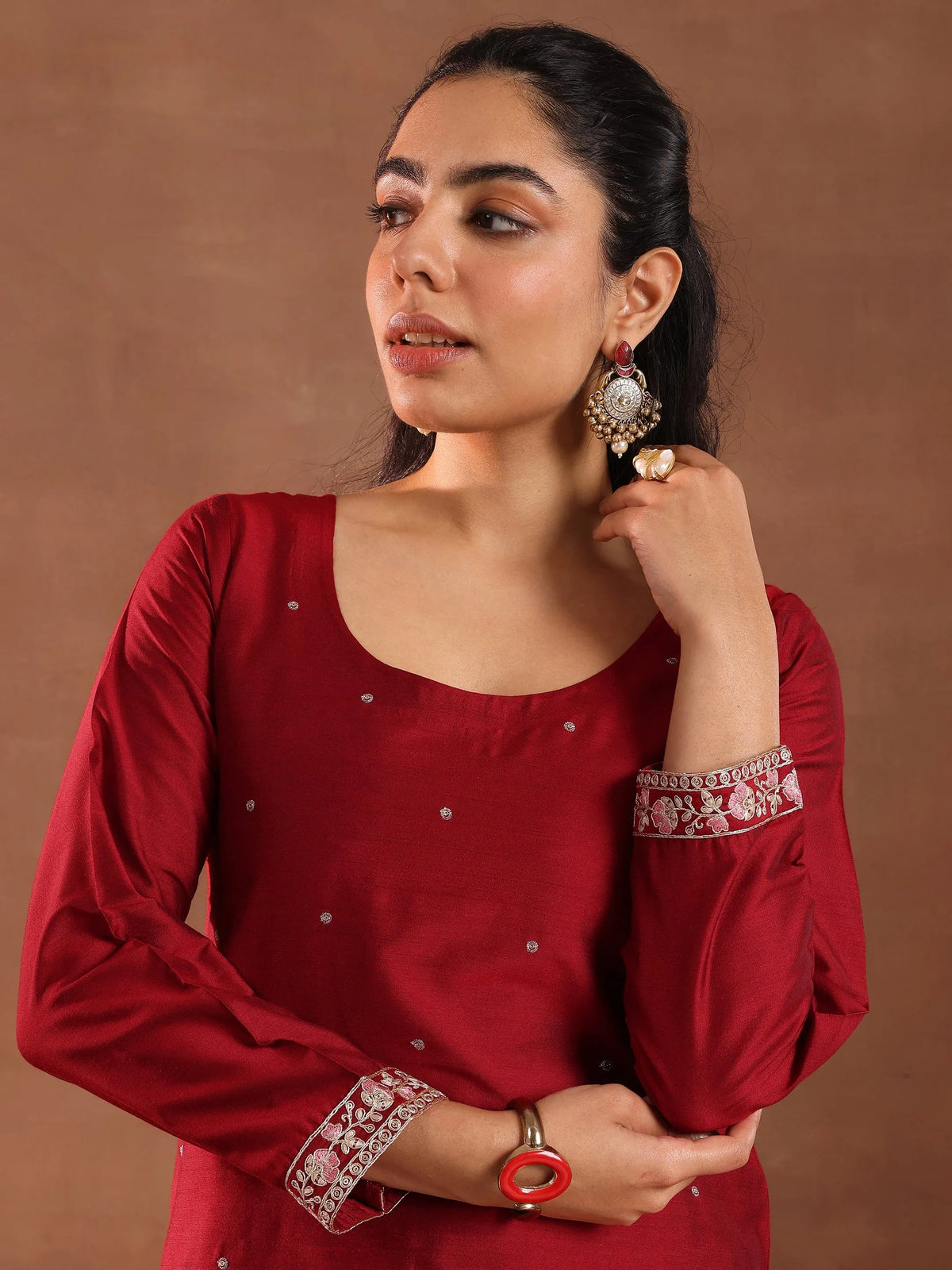 Anouk Red Embroidered Silk Blend Straight Suit Set With Dupatta