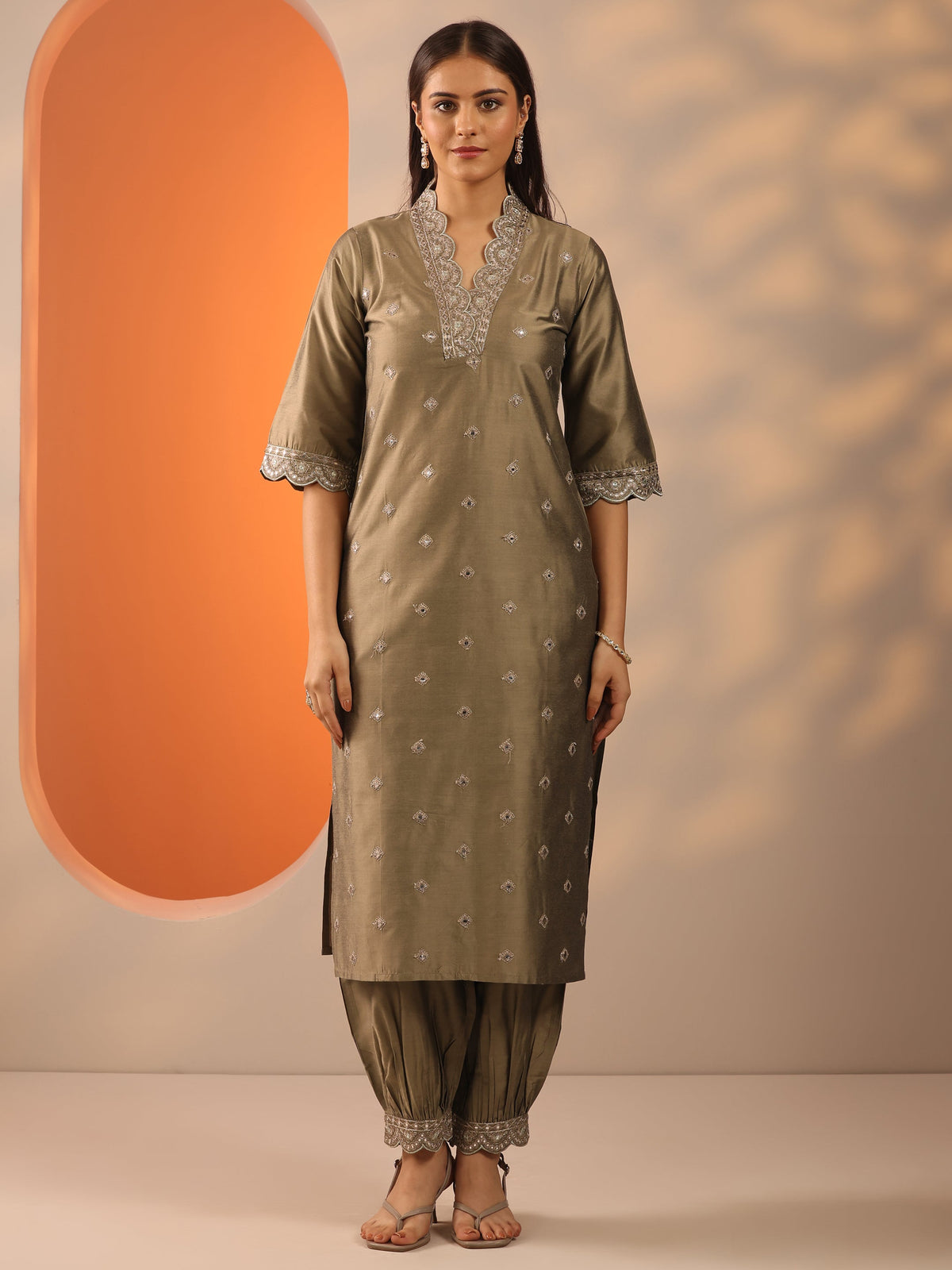 Anouk Brown Embroidered Silk Blend Straight Kurta Set