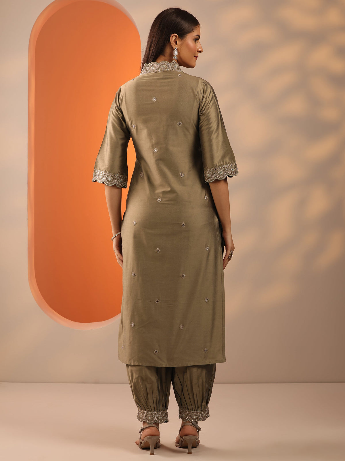 Anouk Brown Embroidered Silk Blend Straight Kurta Set