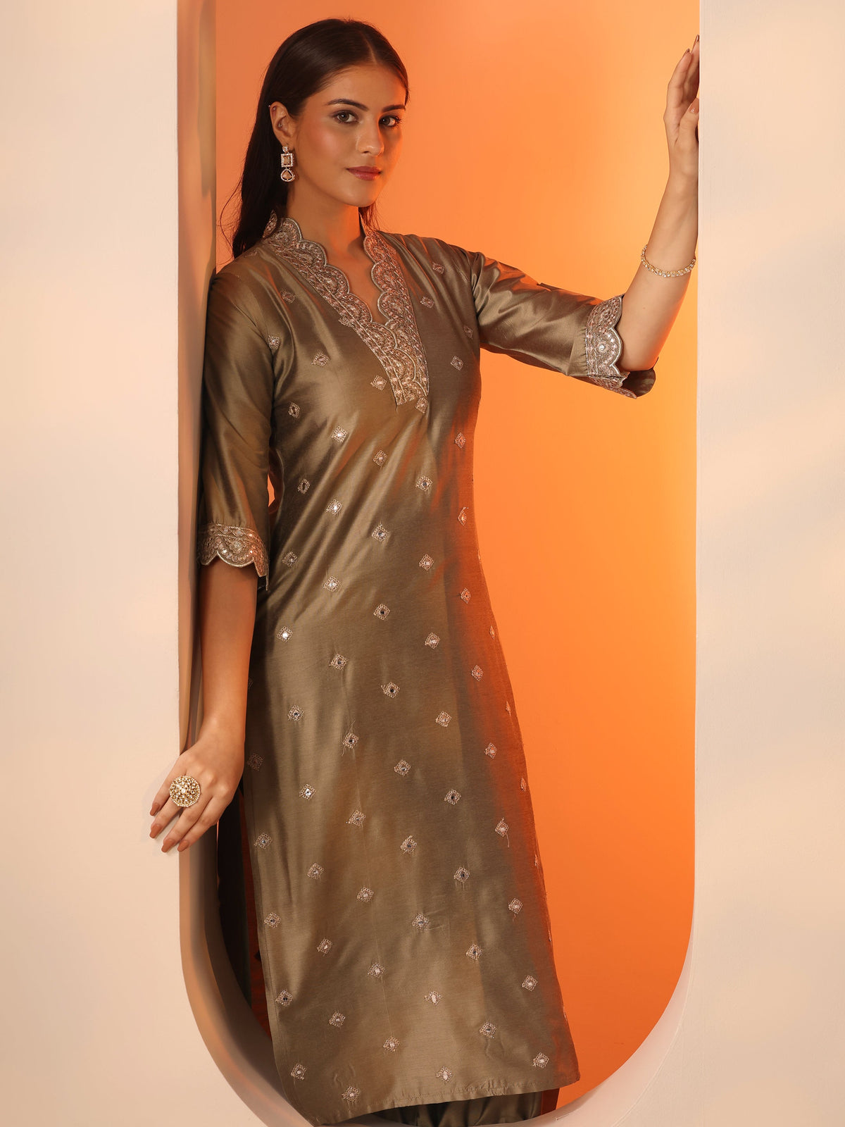 Anouk Brown Embroidered Silk Blend Straight Kurta Set