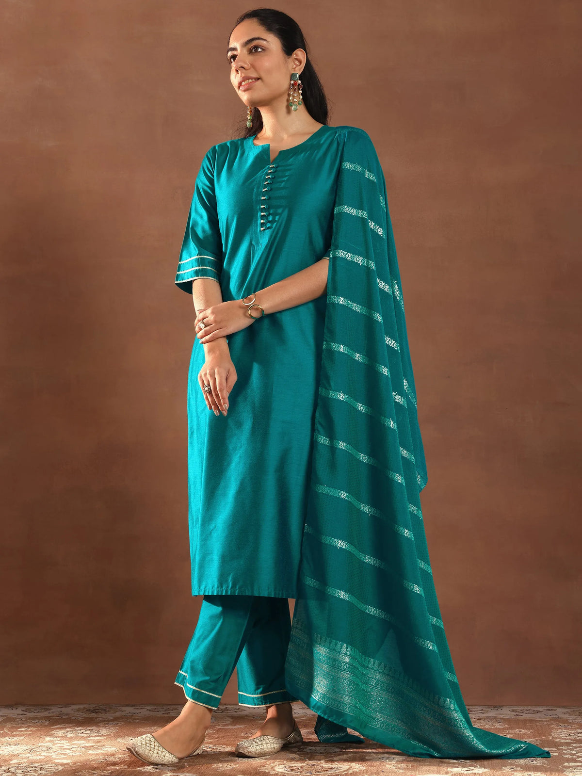 Anouk Teal Solid Silk Blend Straight Suit Set With Dupatta