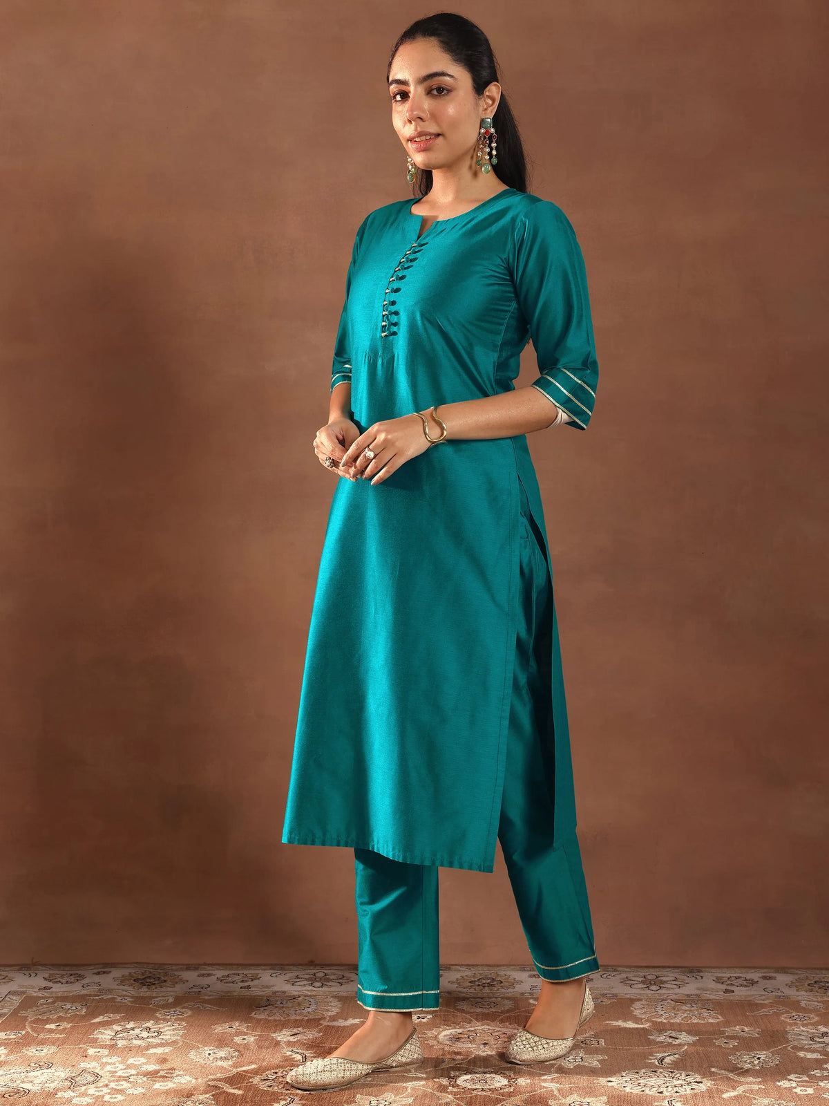 Anouk Teal Solid Silk Blend Straight Suit Set With Dupatta