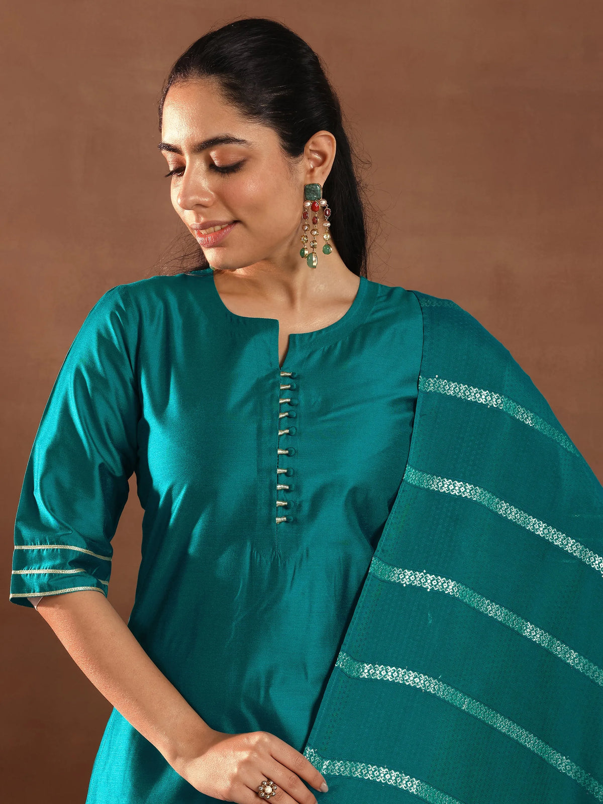 Anouk Teal Solid Silk Blend Straight Suit Set With Dupatta