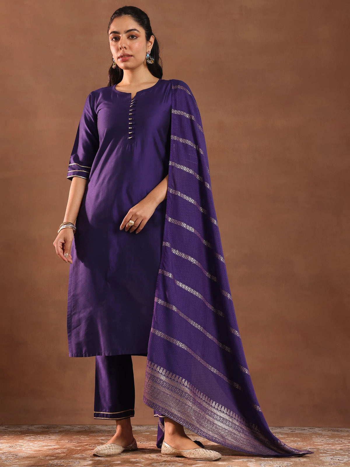 Anouk Purple Solid Silk Blend Straight Suit Set With Dupatta