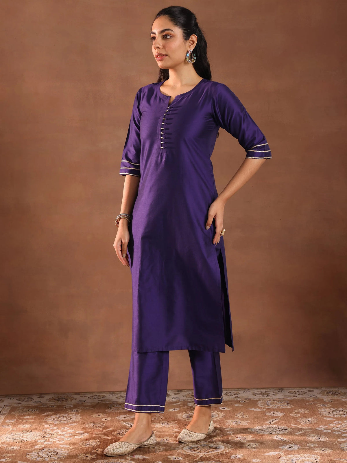 Anouk Purple Solid Silk Blend Straight Suit Set With Dupatta