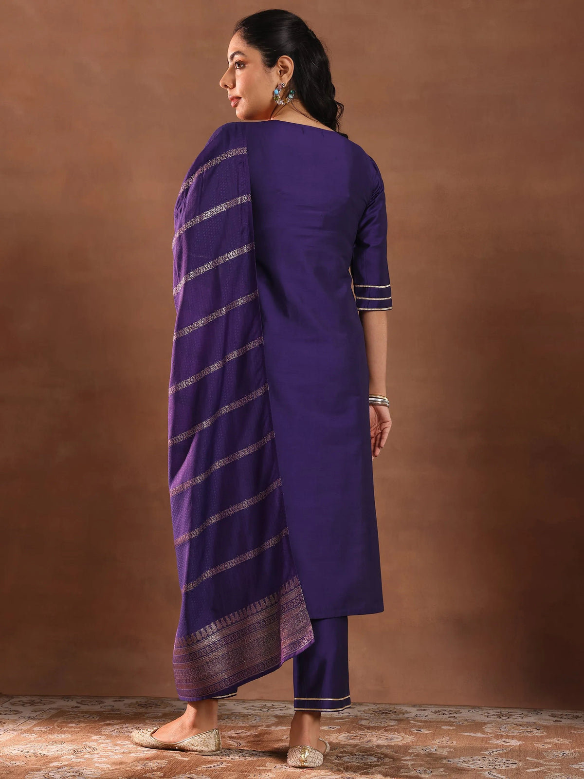 Anouk Purple Solid Silk Blend Straight Suit Set With Dupatta