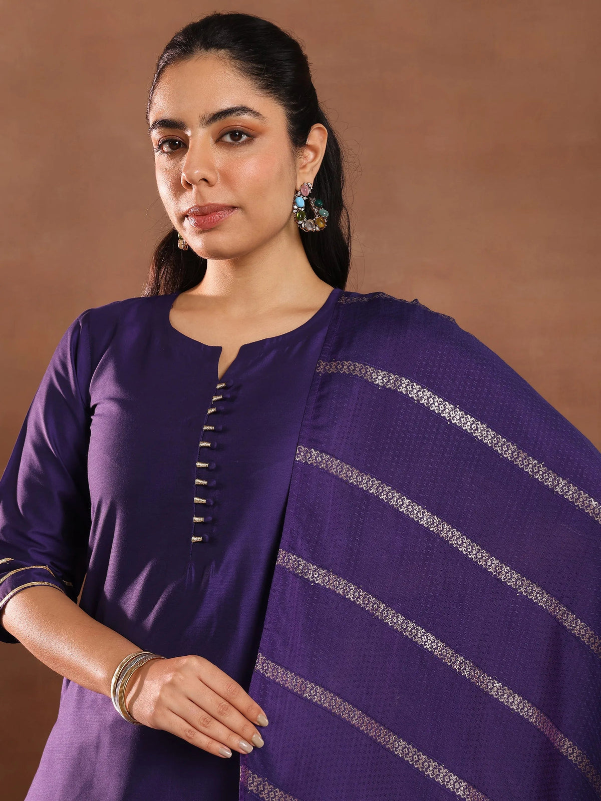Anouk Purple Solid Silk Blend Straight Suit Set With Dupatta
