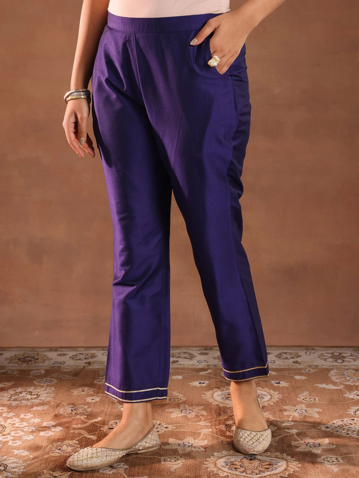 Anouk Purple Solid Silk Blend Straight Suit Set With Dupatta