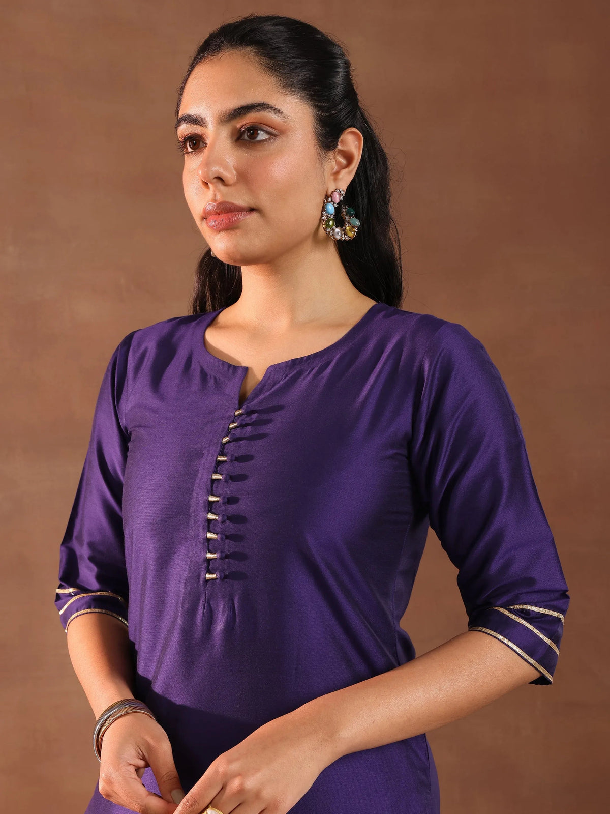Anouk Purple Solid Silk Blend Straight Suit Set With Dupatta
