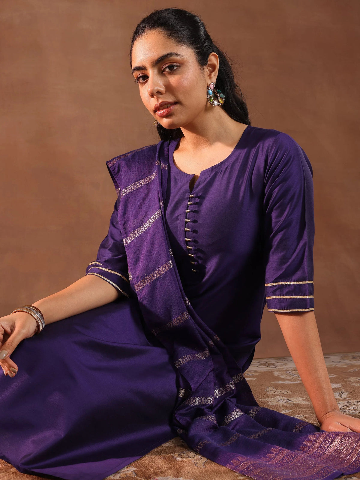 Anouk Purple Solid Silk Blend Straight Suit Set With Dupatta