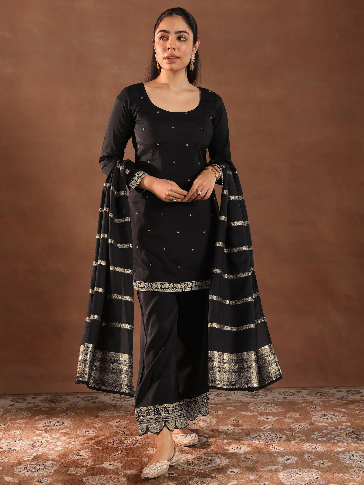Anouk Black Embroidered Silk Blend Straight Suit Set With Dupatta