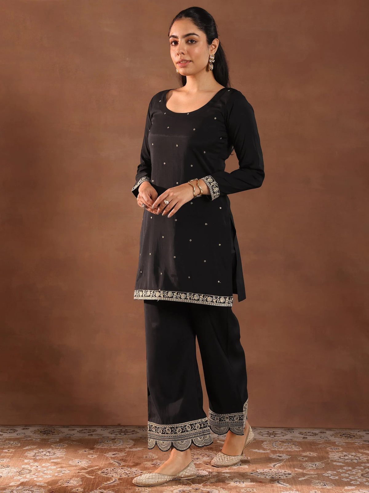Anouk Black Embroidered Silk Blend Straight Suit Set With Dupatta