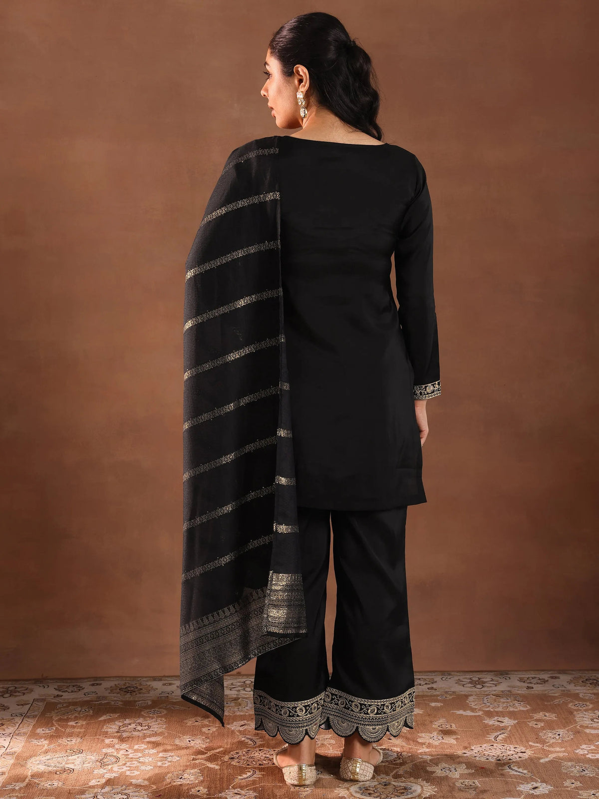 Anouk Black Embroidered Silk Blend Straight Suit Set With Dupatta