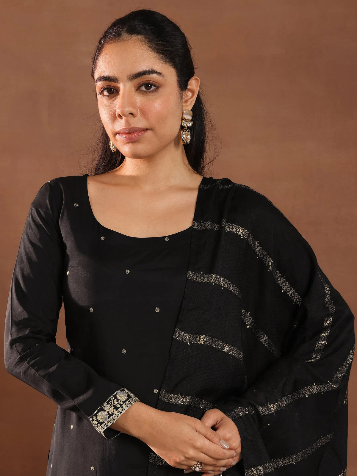 Anouk Black Embroidered Silk Blend Straight Suit Set With Dupatta
