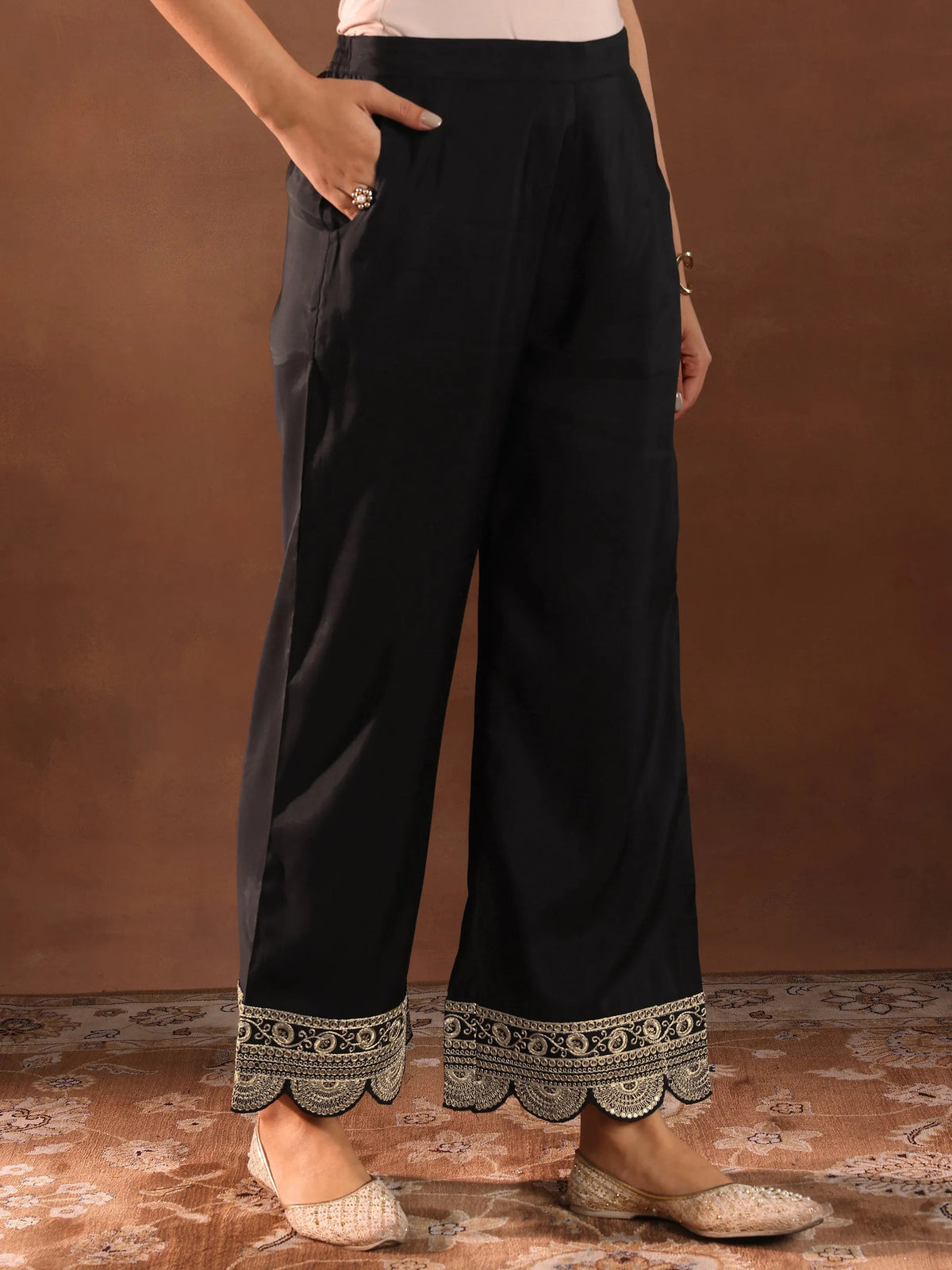 Anouk Black Embroidered Silk Blend Straight Suit Set With Dupatta