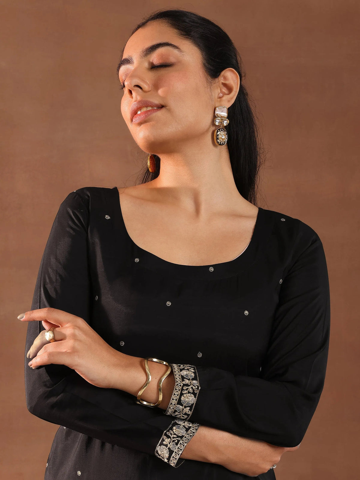 Anouk Black Embroidered Silk Blend Straight Suit Set With Dupatta