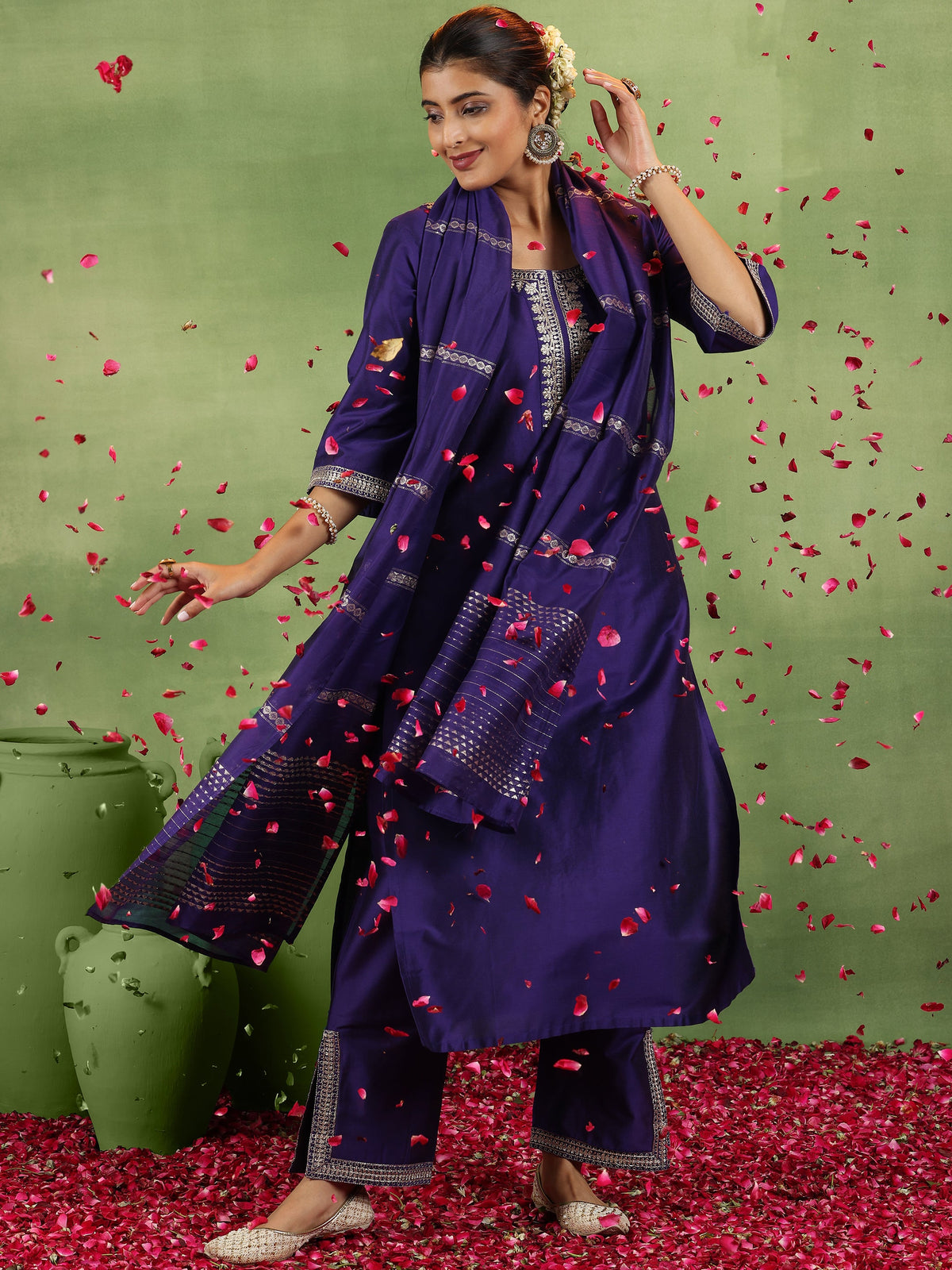 Anouk Purple Yoke Design Silk Blend Straight Suit With Dupatta