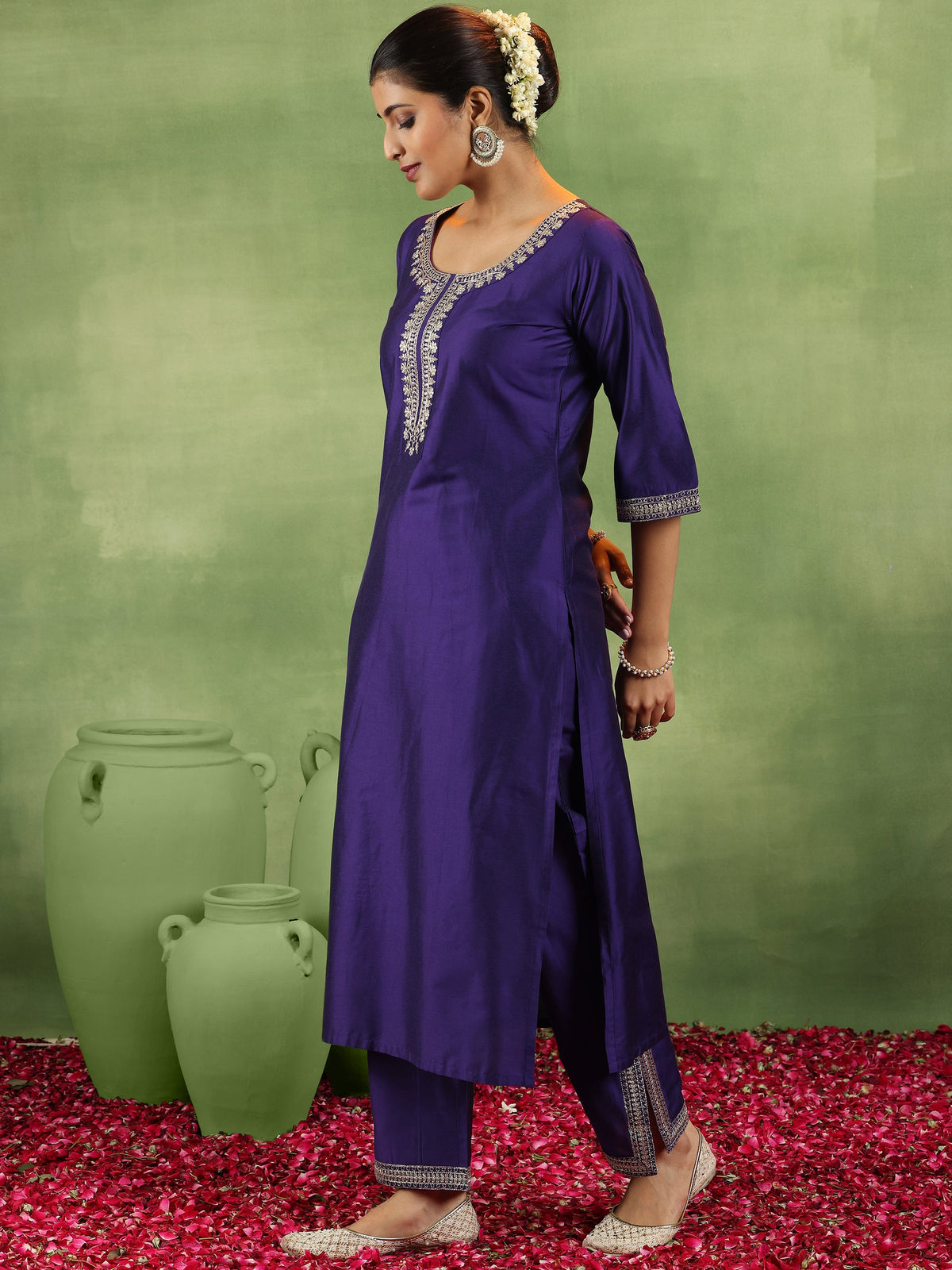 Anouk Purple Yoke Design Silk Blend Straight Suit With Dupatta