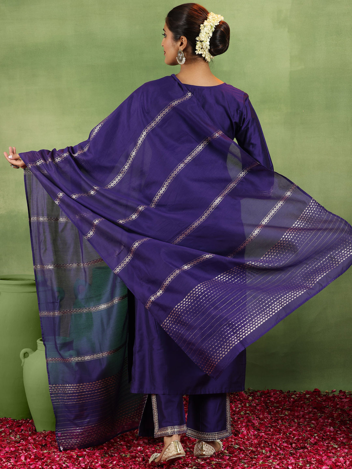 Anouk Purple Yoke Design Silk Blend Straight Suit With Dupatta