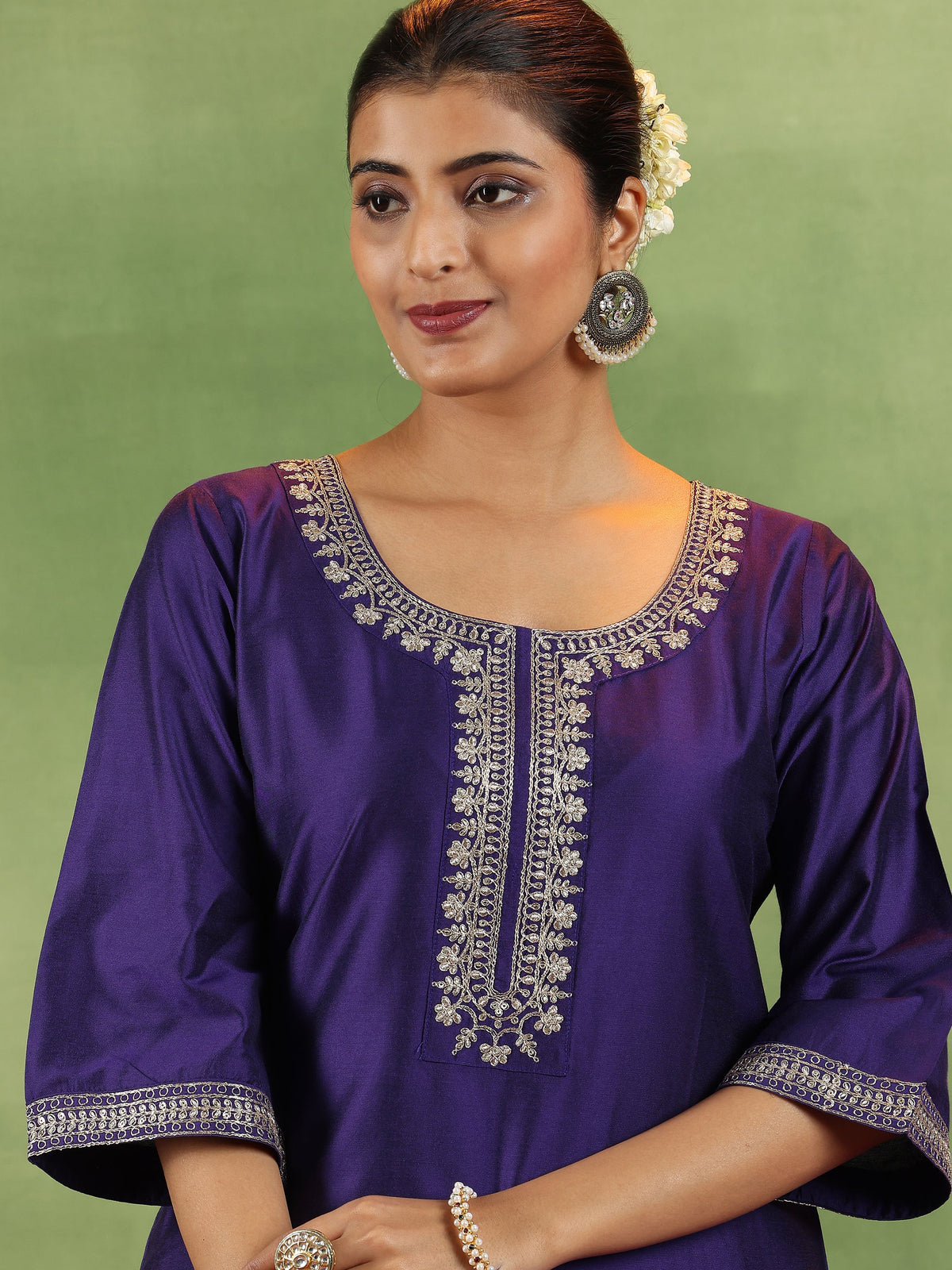 Anouk Purple Yoke Design Silk Blend Straight Suit With Dupatta